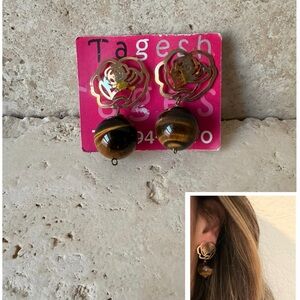 Tiger’s Eye  Gold Rose Earrings | Gold Tone Openwork Floral Statement Jewelry